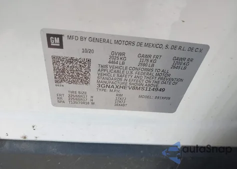 2021 Chevrolet Equinox Fwd Ls из США, поврежденный, VIN 3GNAXHEV8MS114949